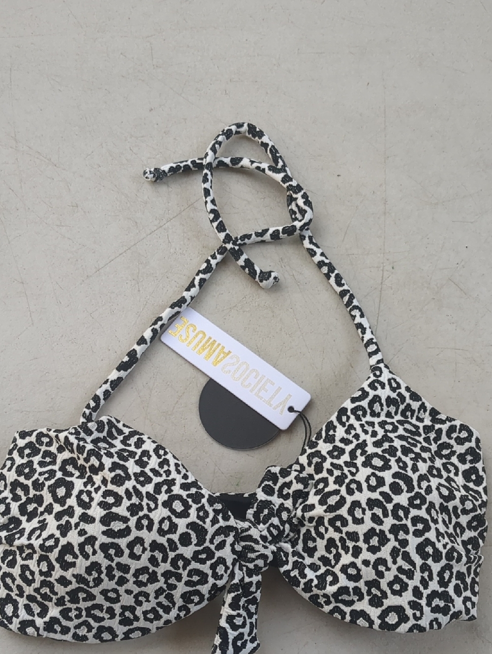 Amuse Society Black & White Leopard Tie-Front Halter Bikini Top